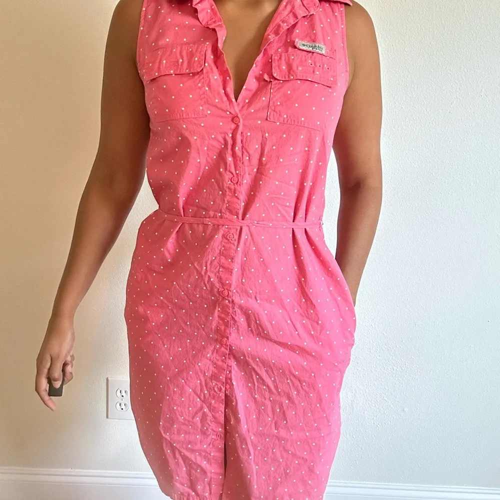 Columbia Pink Sleeveless Dress with White Dots. With pockets! - Picture 2 of 5